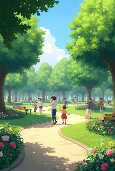 Green park, trees, flowers, benches, paths, games, shade, tranquility.