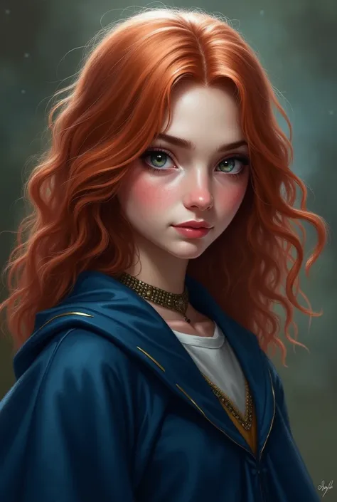 Create a character for a Harry Potter RPG that I participate in with the following characteristics: Hermione Granger-inspired  with medium-length marsala red brown hair; with eyes that vary between green, gray and light brown; fair skin and blue Ravenclaw ...