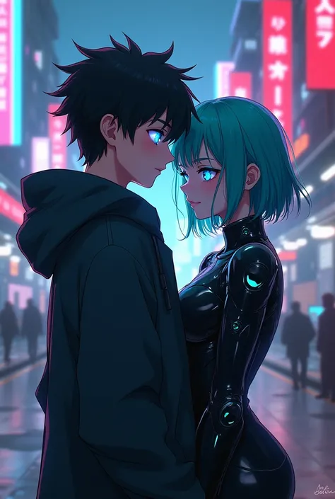 A anime boy of age 20 with a little long black hair and a little glowing blue eyes wearing hoodie like coat and his AI assistant girl with green-blue hair and wearing a cyberpunk suit in cyberpunk anime art style.