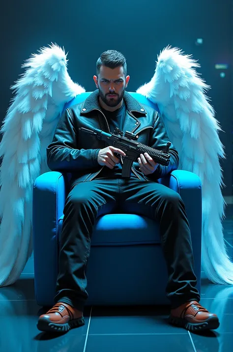 Dj alok has wings. Dj alok is sitting on blue chair. Dj alok has mp40 gun in hand