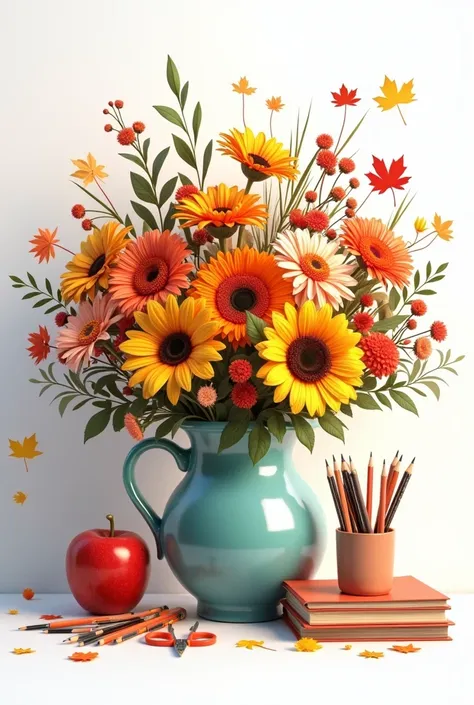 ((officially)) ((masterpiece)) ((Best quality)) ((detailed)) autumn bouquet of flowers and school supplies on white background