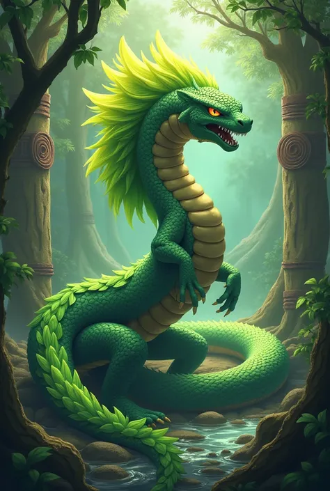 an animal with pokemon style, snake with feathers in its skin, with tribu decoration, god vibes, green, in a tribu, angry

