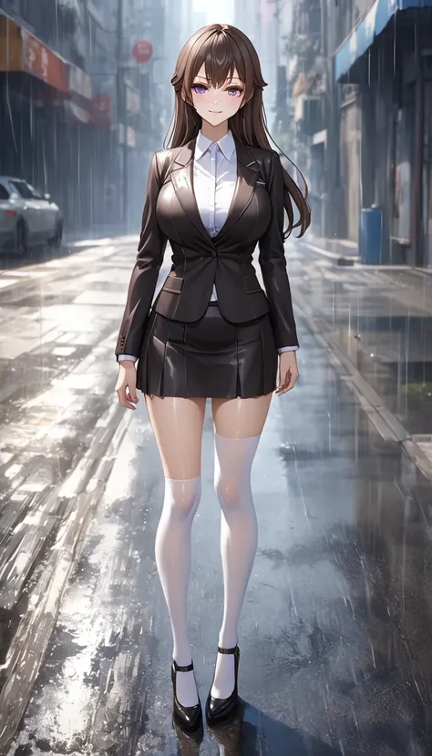 Detailed work, best quality, 2080p clarity, Realistic lighting and shadows, Anime, background, middle of the road, จากซีรีย์ Alya Sometimes Hides Her Feelings in Russian, Suou Yuki, long brown hair, purple eyes, ตาแบบAnime, Very large breasts, Wear a black...