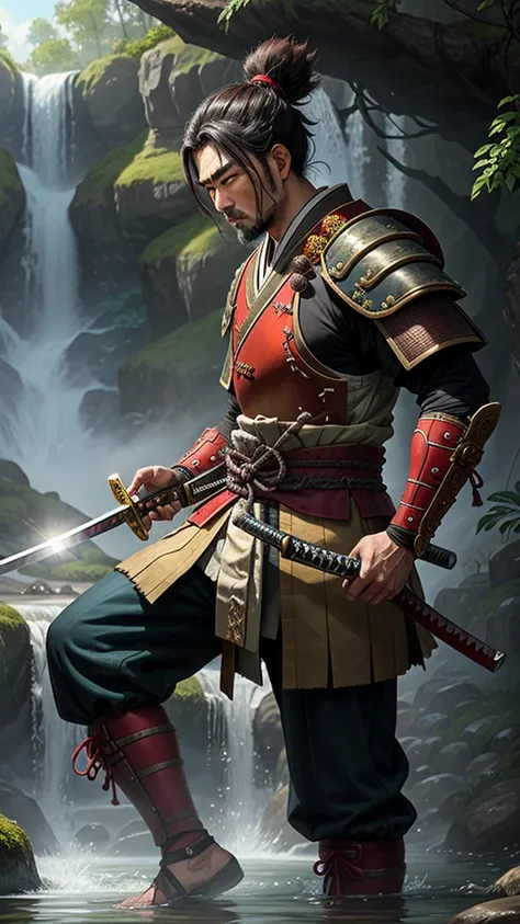 samurai warrior, man, without armor, oriental, holding a katana, in a waterfall where the water falls, rpg traits, d&d style, fantasy, magic, d&d style, digital paint, rpg traits
