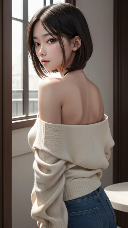 a girl who has short, beautiful shoulder-length hair and eyes that have the impression of a sharp gaze and has a cheeky and indifferent facial gesture、(body shot)