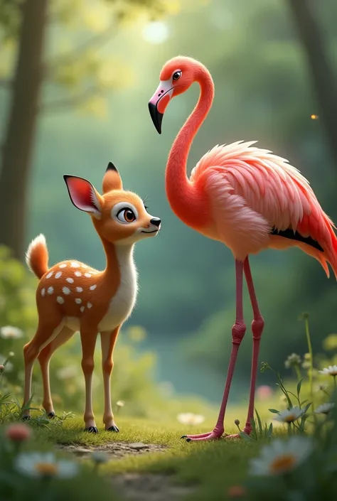 Fawn and flamingo seeing face to face