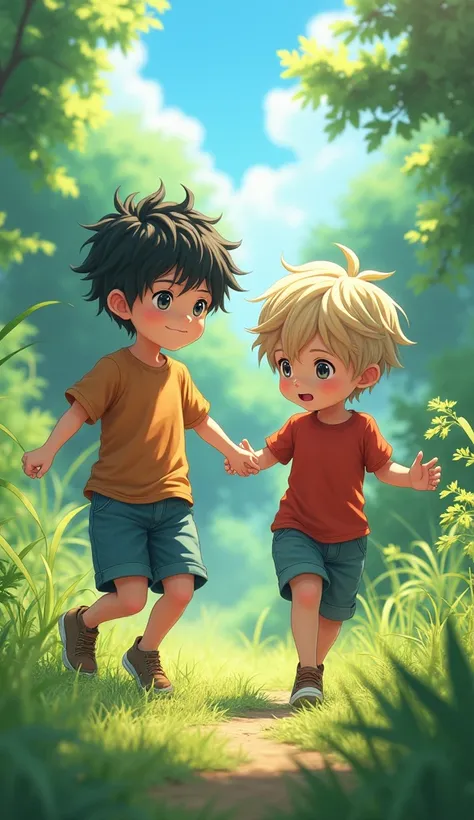 4k realistic, 2, boy, grass, nature, messy hair, short hair, anime style