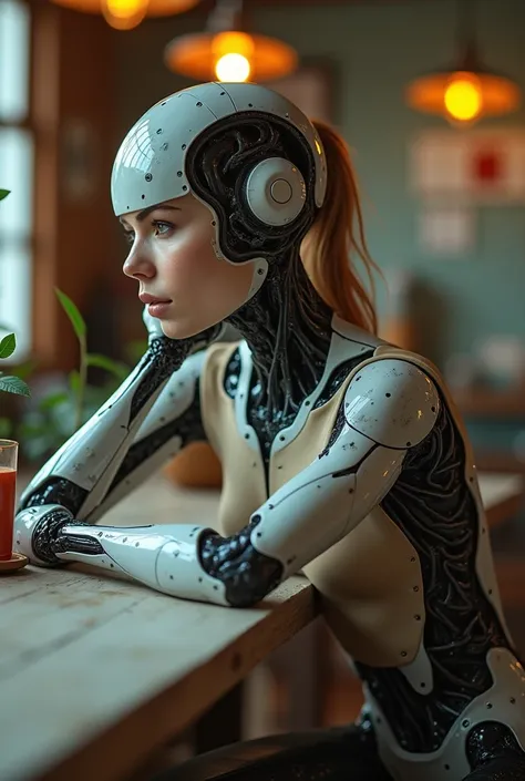 sexy cyborg woman leaning over table, Best quality, high quality, absurdity, masterpiece, Beautiful, complex parts, 1/2 body finishes, slender body, Beautiful figure, Magnificent Anatomy, (complex parts:1.12), HDR, (complex parts, hyperdetailing:1.15), (na...