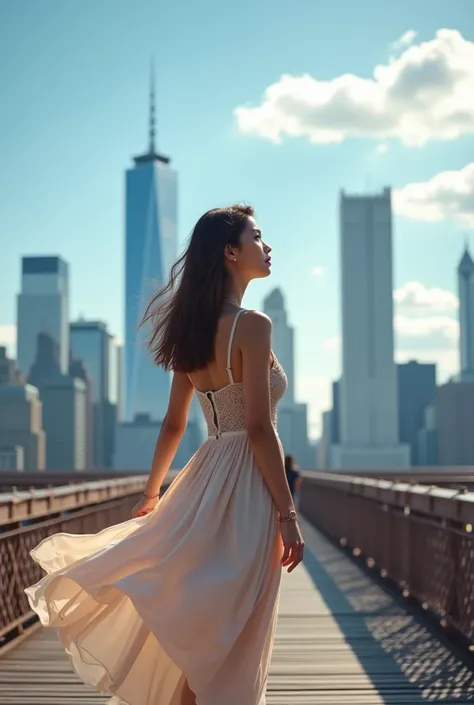 A captivating image of a young woman with fair skin, wearing a stylish tank top and flowy skirt, standing on the iconic Brooklyn Bridge. The soft, diffused light of the morning sun creates a serene atmosphere, emphasizing her elegant movements as she looks...