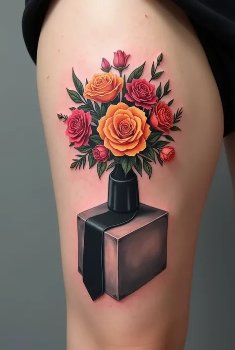 flower bouquet tattoo on a cubic stand around which there is a black tie 