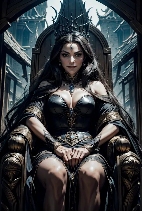 An evil queen woman sitting on a throne in the center of a village, near the throne the unusual looking inhabitants of the village, the woman is facing the camera with a sinister and mysterious smile,High Resolution, surreal inhabitants, From Side, High Re...