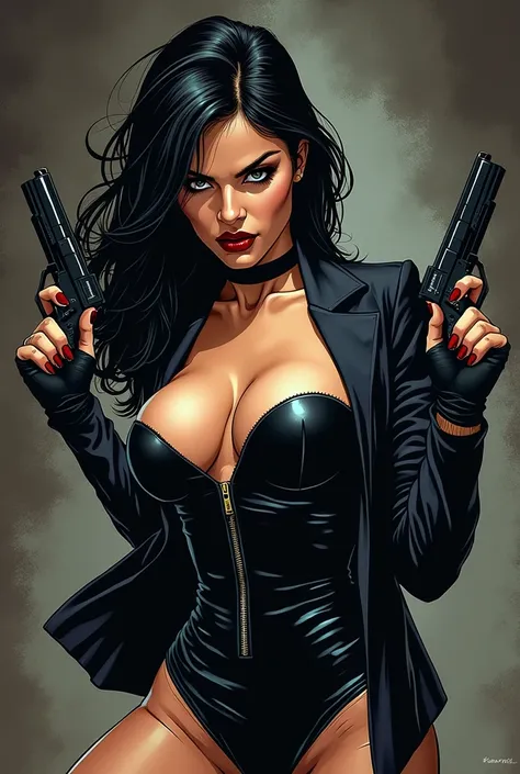 sexy girl, sexy clothes, black clothes, Profile, sexy look, comic illustration style, Retro style, comic, manga, marvel style, Dark, Violent, Armada, aggressive, dark, evil, malevolent, beautiful, white, night, Violento, sonrisa evil, aggressive, comic ill...