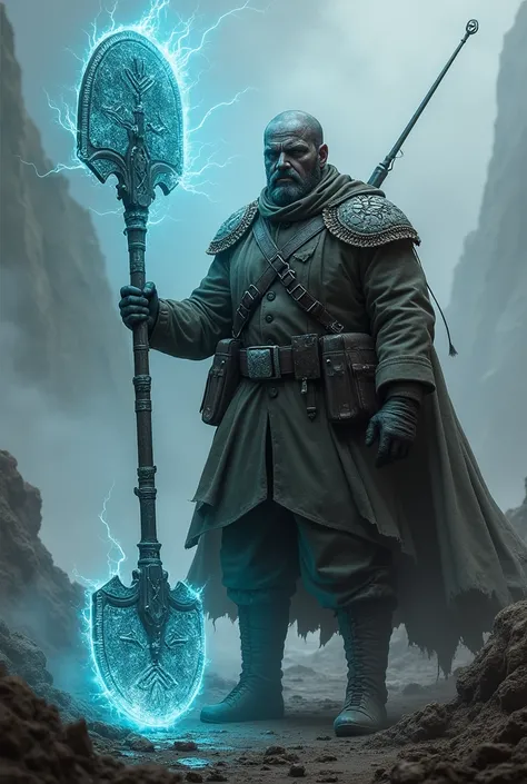 Deathkorps of Krieg soldier with shovel in hand, but the shovel is depicted as an energy weapon, glowing blue like a plasma weapon , in style like First World War