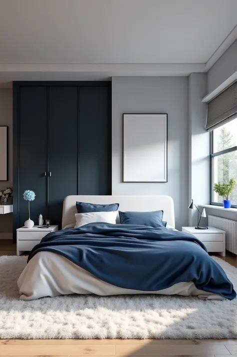 The main room upon entering has a white carpet that I like in front of the bed which is a large king size with soft navy blue blankets., On the sides there are simple white bedside tables, on one of which a blue flower-shaped lamp falls, In the upper right...