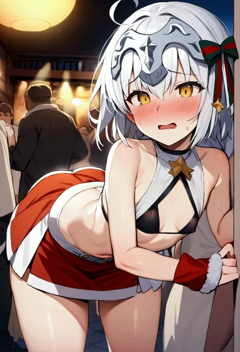 NSFW,masterpiece,Highest quality,High resolution,Very detailed,,Joan of Arc Horta Santa Lily(Fate/grandorder),(White Hair),Short Hair,Headpiece,Golden Eyes,Small breasts,Red and white santa costume,Two-tone,White cut-in dress,mini skirt,Black bikini top,Kn...