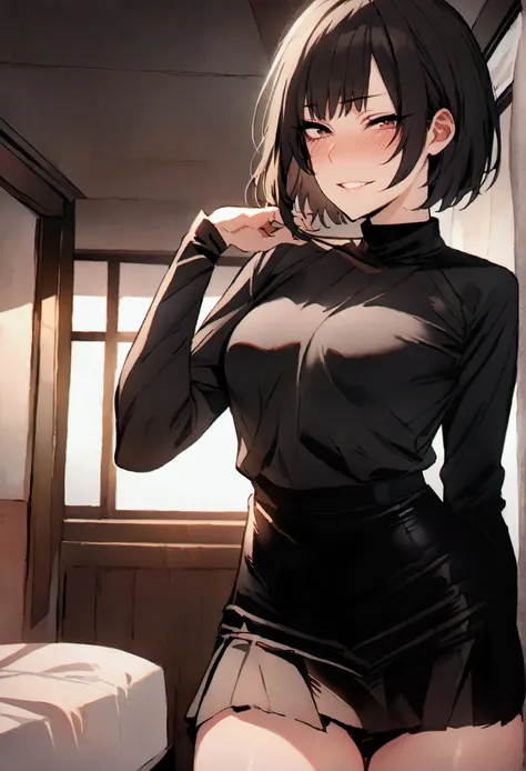 masterpiece, best quality 1girl, solo, beautiful woman, bangs, black hair, short hair, bob cut, dark brown eyes, deep blush, grin, medium breasts, black turtle neck sweeter, short black skirt, plated skirt, looking at viewer, bedroom background