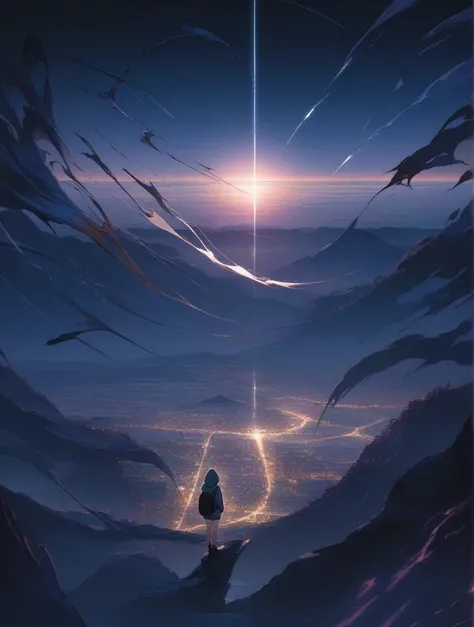 score_9, score_8_up, score_7_up, score_anime, masterpiece, top quality, delicate illustration, sharp lines, sharp focus, BREAK, a traveling girl wandering in the endless night world, the girl wears a hood and has a lot of stuff in her backpack, night , fan...