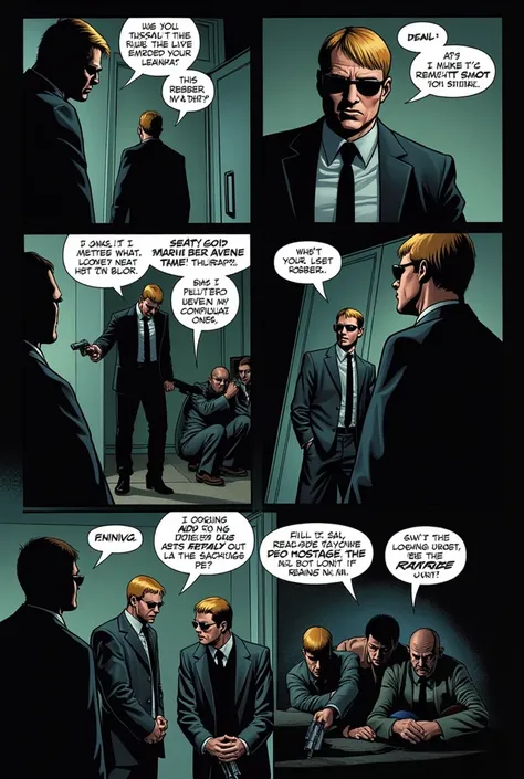 in the background in the shadows is a figure that appears to be a man in a suit with sunglasses and straight blond hair. The third panel shows the man who was discussing killing the hostages who are crouched down with his hands down loading his gun to shoo...