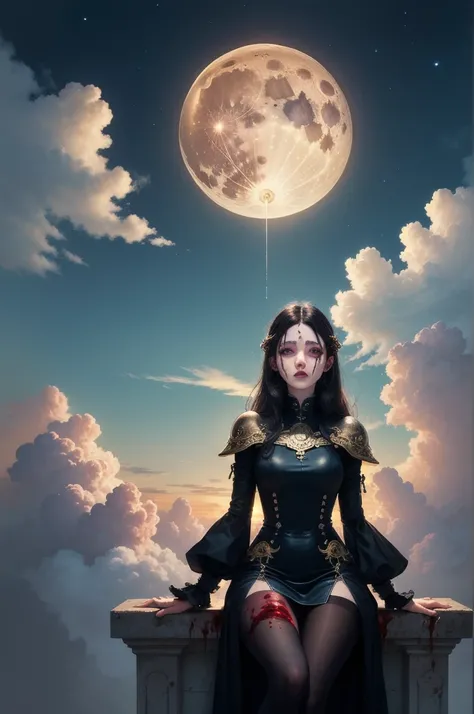 ((best qualityer)), ((work of art)), (detailded)(fantasy illustration:1.3), lovely gaze, skintight, pantyhose, Stockings, May, captivating pose, delicate wings, Otherworldly charm, mystical sky, large moon, full moon night, subdued colors, (detailded cloud...