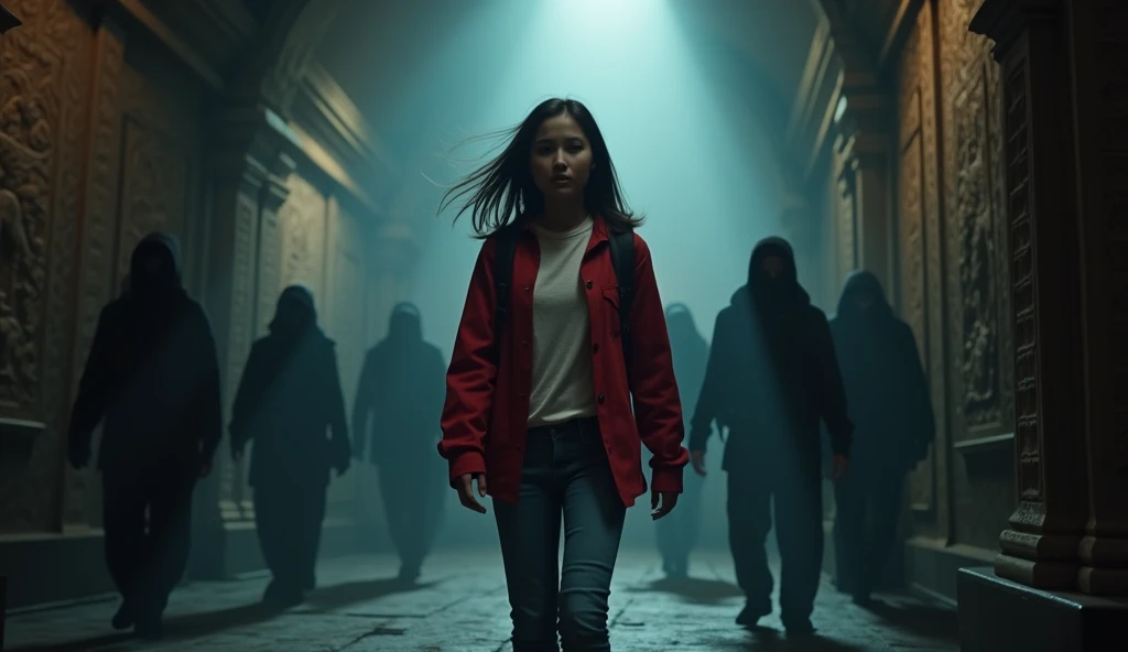 maya seed is 1342503350, wearing red shirt jacket with blue jean. maya is young beautiful university girl. maya is getting surrounded by many shadows in ancient chamber. and maya is getting scared. scared. scared