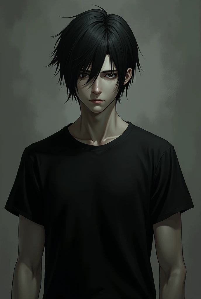 Here is a brief description of the character.:

"Serious 2 man, tall and thin, with black hair and dark eyes that shine brightly. He wears a black T-shirt and looks ahead with an enigmatic expression., as if he was lost in his thoughts. His face is pale an...