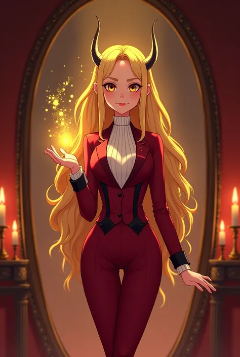 **Scene:** In the middle of an elegant hall lit only by the soft light of candles, Charlie Morningstar stands alone. The room, decorated in shades of red and gold, reflects the infernal opulence of her status as a princess. **Appearance and Movement:** Cha...