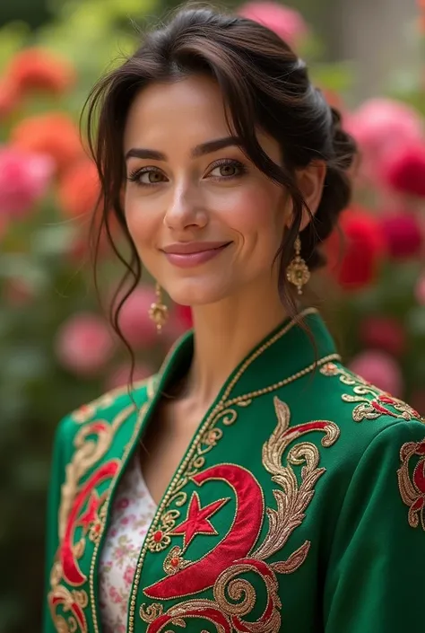 Woman wearing Algerian flag jacket decorated and embroidered with the finest and most beautiful fashions Half photo background flower garden close up