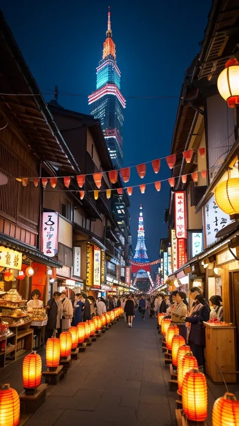 A vibrant and bustling scene of a traditional festival in Kyoto, Japan, now with Tokyo Tower visible in the background. The streets are filled with people dressed in colorful yukatas, and the atmosphere is lively with festive decorations, lanterns, and ban...