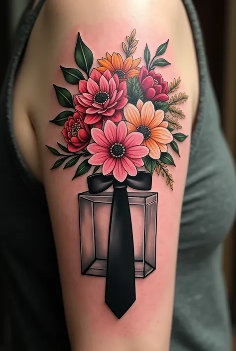 flower bouquet tattoo on a cubic stand around the flowers is wrapped a black tie as a tattoo idea