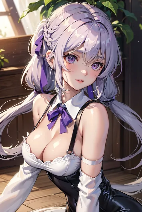 ((masterpiece)), ((Best quality)), (high resolution), (illustration), (an extremely delicate and beautiful), (ultra detailed beautiful face and eyes), nsfw,   1girl, leaning forward,  YukineChris, long hair, purple eyes, twintails, low twintails, ahoge, la...