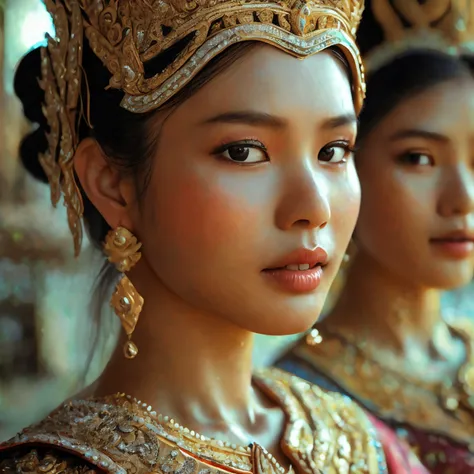 (three women), realistic details, sharp picture, thai girl dressed in the style of the ancient ayutthaya kingdom, beautiful, ((s...