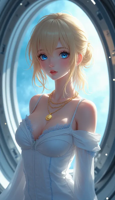 Young blonde anime, aesthetic body, dark blue eyes, with white clothes with blue details, on a spaceship, with golden necklace