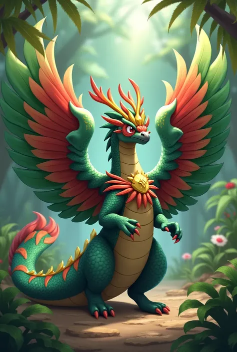 an animal with pokemon style, snake with feathers in its skin, with tribu decoration, god vibes, green, in a tribu, angry, with gold in the head, a necklace or feathers in its neck, with wings with green and red


