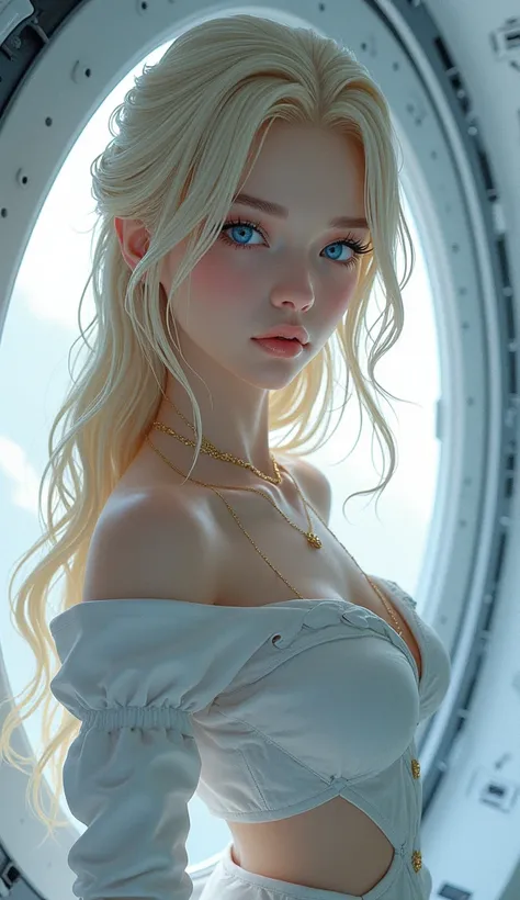 Young blonde anime, aesthetic body, dark blue eyes, with white clothes with blue details, on a spaceship, with golden necklace