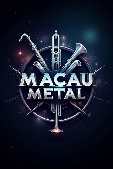 Space style logo with the name Macau Metal in the center with sax, trombone and trumpet, martial band