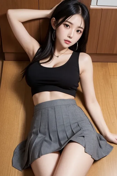 Black hair straight、Spread your legs、High resolution, Lying on your back、Big Breasts、pants、Pleated mini skirt、Tank top