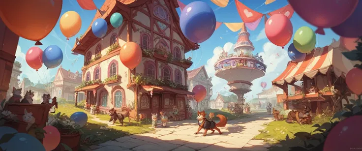 Balloon Factory with balloons of all sizes and shapes, lots of helium tanks, furry creature workers