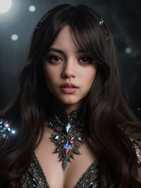 a beautiful anime girl with long dark hair, extremely detailed eyes with long lashes, beautiful detailed lips, extremely detailed and realistic facial features, wearing an intricate crystal bodysuit with reflective crystalline textures and glowing shards, ...