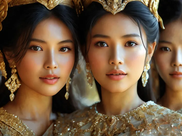 (three women), realistic details, sharp picture, thai girl dressed in the style of the ancient ayutthaya kingdom, beautiful, ((s...