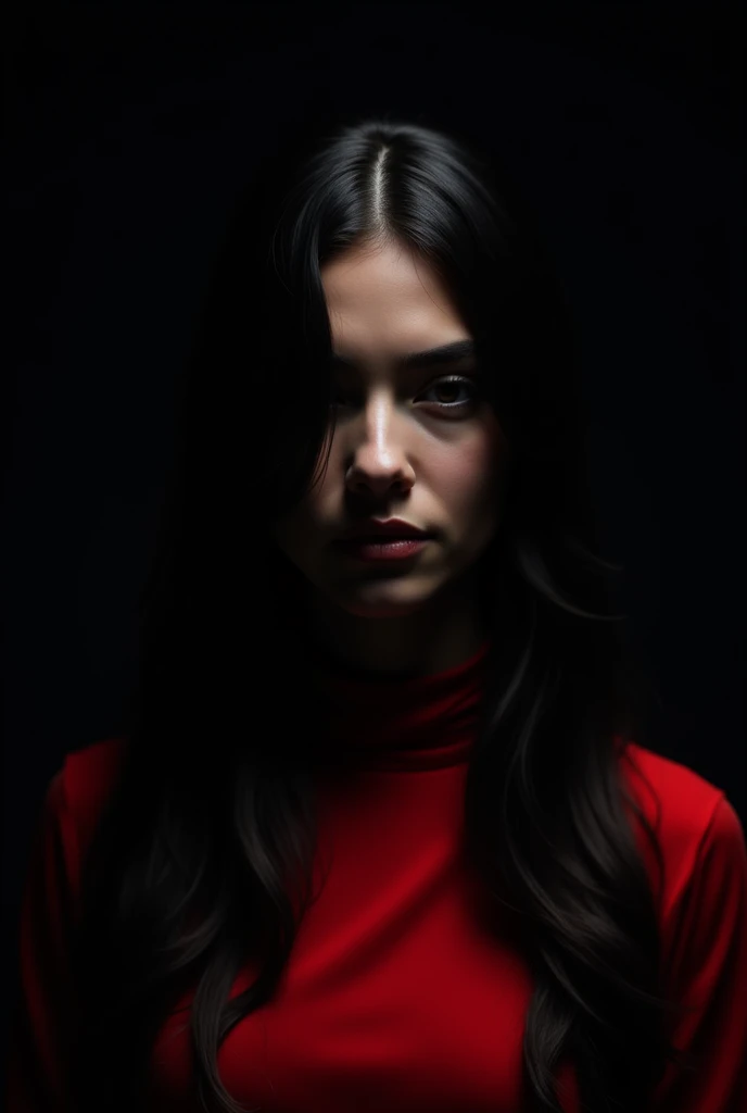 Faceless woman with black hair from the neck up in red clothes and black background