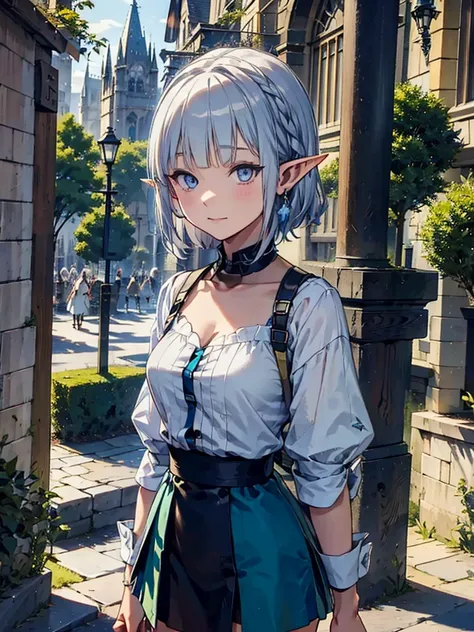 The cathedral overlooks the city、Medieval streetscape,Wide Road、Pointed Ears、Elf、blue eyes、Green casual clothing、Silver braided short hair