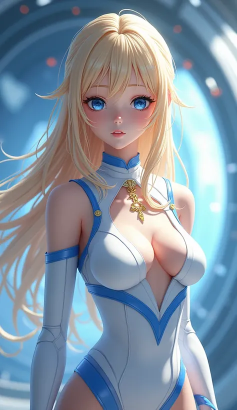 A beautiful young anime girl, blonde hair, dark blue eyes, wearing white clothes with blue details, standing on a futuristic spaceship, wearing a golden necklace, (best quality,4k,8k,highres,masterpiece:1.2),ultra-detailed,(realistic,photorealistic,photo-r...