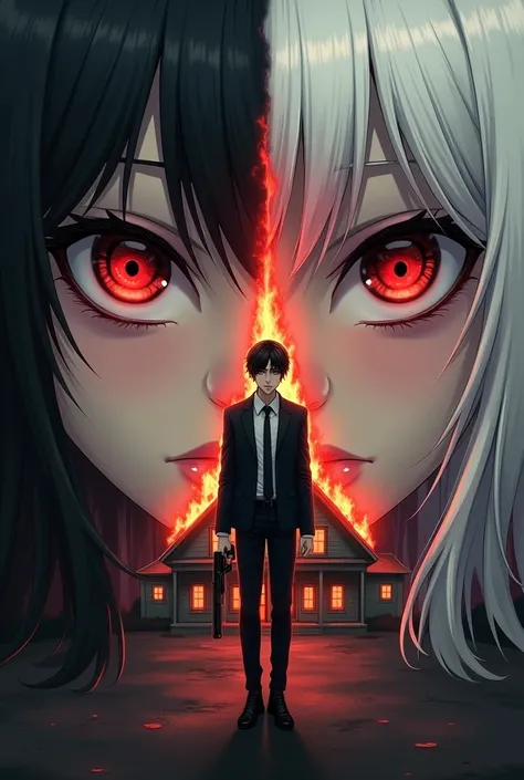 In the corner of the screen half of the face of a black-haired girl with black eyes and in the other corner half of the other side of the face of the same girl but white-haired with red eyes and in the center a house on fire and in front of the house a tal...