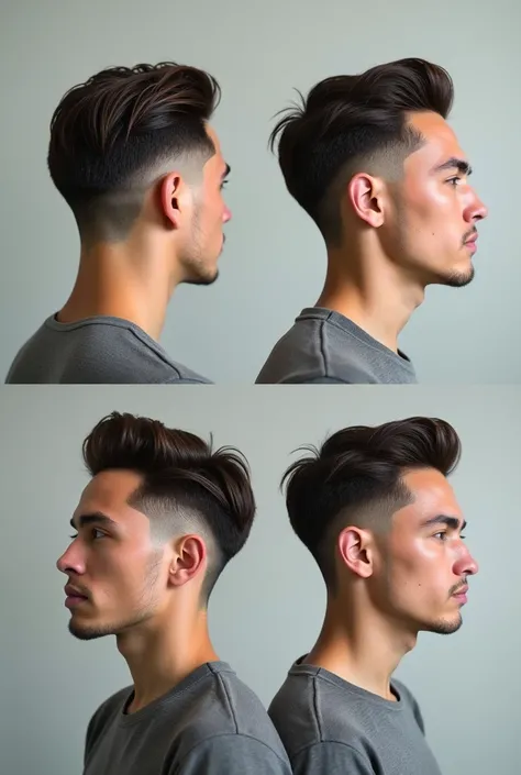 "Por favor, create an image showing a short men&#39;s haircut, without tuft, from every possible angle (front-facing, side and rear). I would like to see details and the complete shape of the cut in each perspective.. Thank you!"