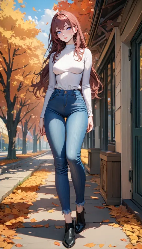 ((best quality, masterpiece:1.3, 8K)), (detailed), highly detailed face and skin texture, detailed eyes, full body, outdoor, daytime, autumn, (slender body:1.1), 1girl, (solo), white skin, bright lips, seductive smile, long hair, casual outfit, medium brea...