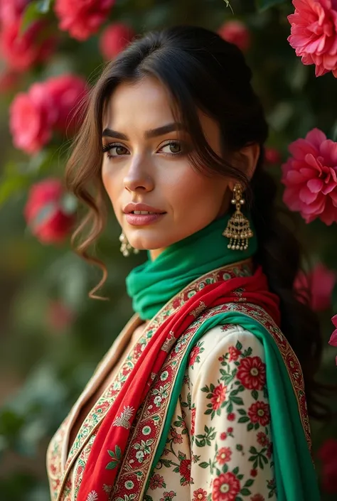 Woman wearing a decorated and embroidered jacket with the finest and most beautiful fashions, and on her shoulder the Algerian flag scarf, half background photo of a flower garden, close-up photo