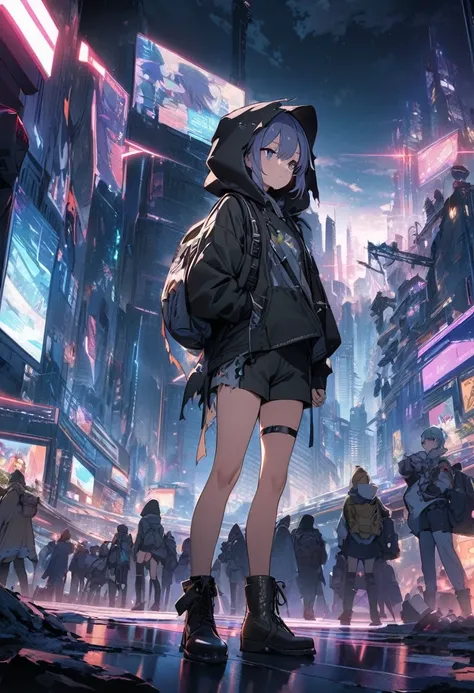 score_9, score_8_up, score_7_up, score_anime, masterpiece, top quality, delicate illustration, sharp lines, sharp focus, BREAK, a traveling girl wandering in the endless night world, the girl wears a hood and has a lot of stuff in her backpack, night , fan...