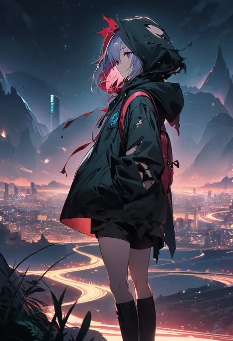 score_9, score_8_up, score_7_up, score_anime, masterpiece, top quality, delicate illustration, sharp lines, sharp focus, BREAK, a traveling girl wandering in the endless night world, the girl wears a hood and has a lot of stuff in her backpack, night , fan...