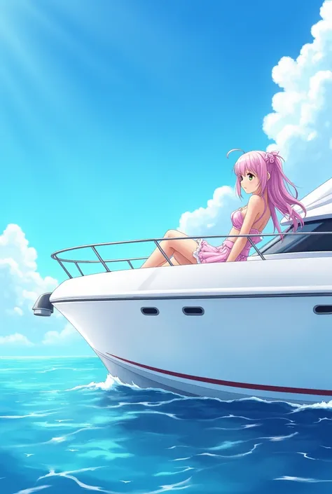 
anime style girl lies on the stern of a white yacht in the ocean