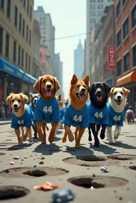 several dogs walking on the street full of holes with blue shirts saying 44